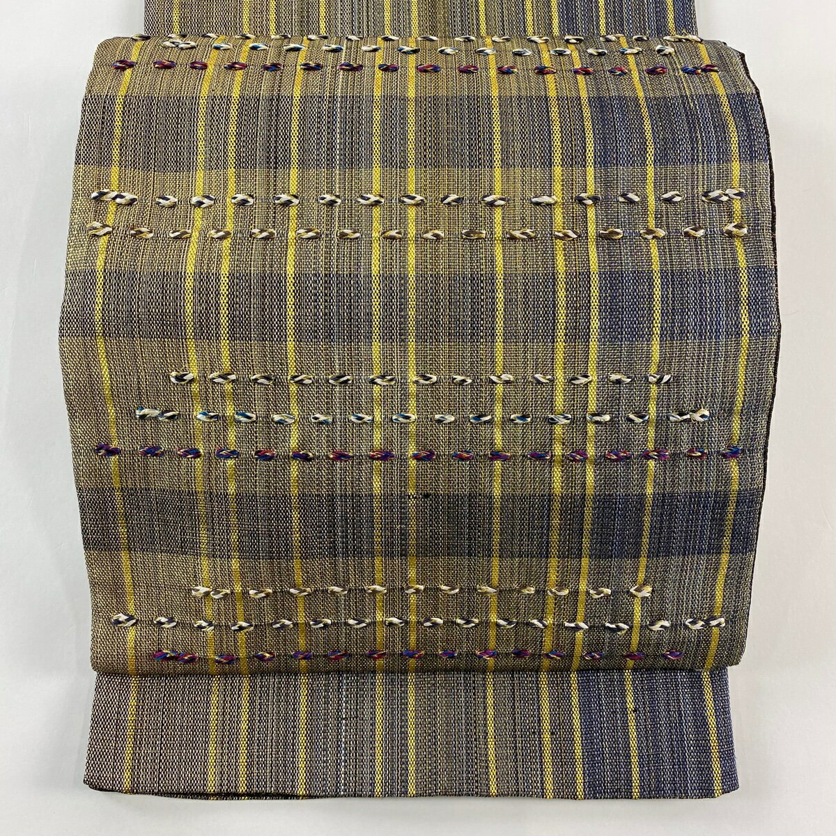 袋名古屋帯 秀品 縞 幾何学 箔 刺繍 藍色 正絹 【中古】