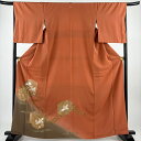 【美品】 付下げ 身丈162cm 裄丈67cm M 袷 亀甲 花鳥 刺繍 金銀彩 オレンジ 正絹 秀品 一つ紋 【中古】