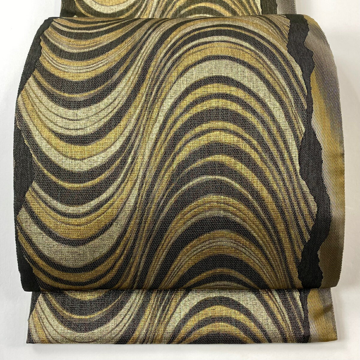 【美品】 袋帯 名品 縞 幾何学模様 金糸 焦茶色 全通 正絹 【中古】 msp30