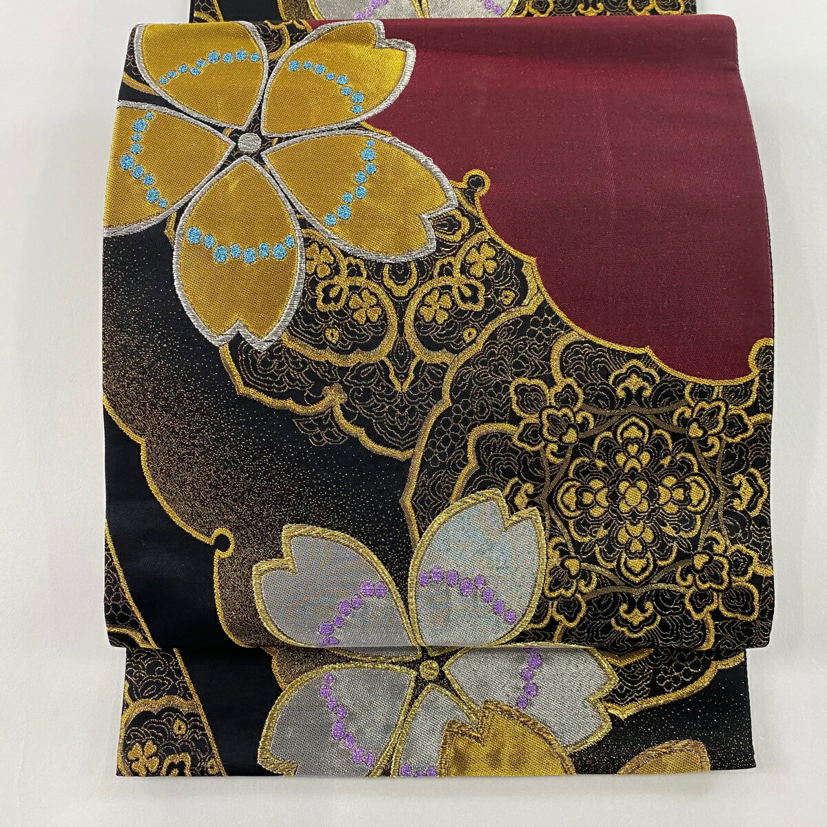 【美品】 袋帯 秀品 桜 雪輪 箔 金銀糸 赤紫 六通 正絹 【中古】