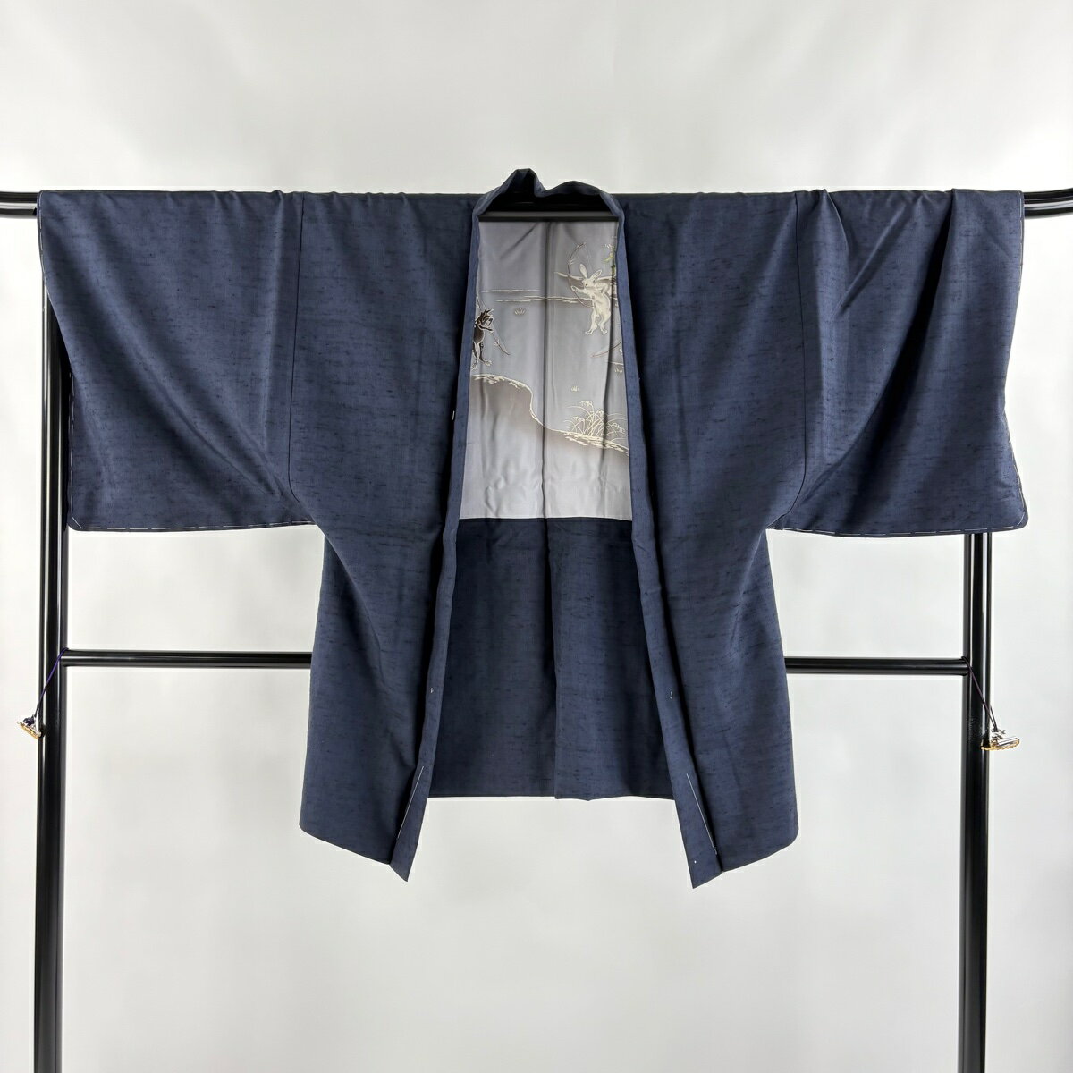 男着物 身丈88.5cm 裄丈73cm L 羽織 紺色 正絹 名品 【中古】