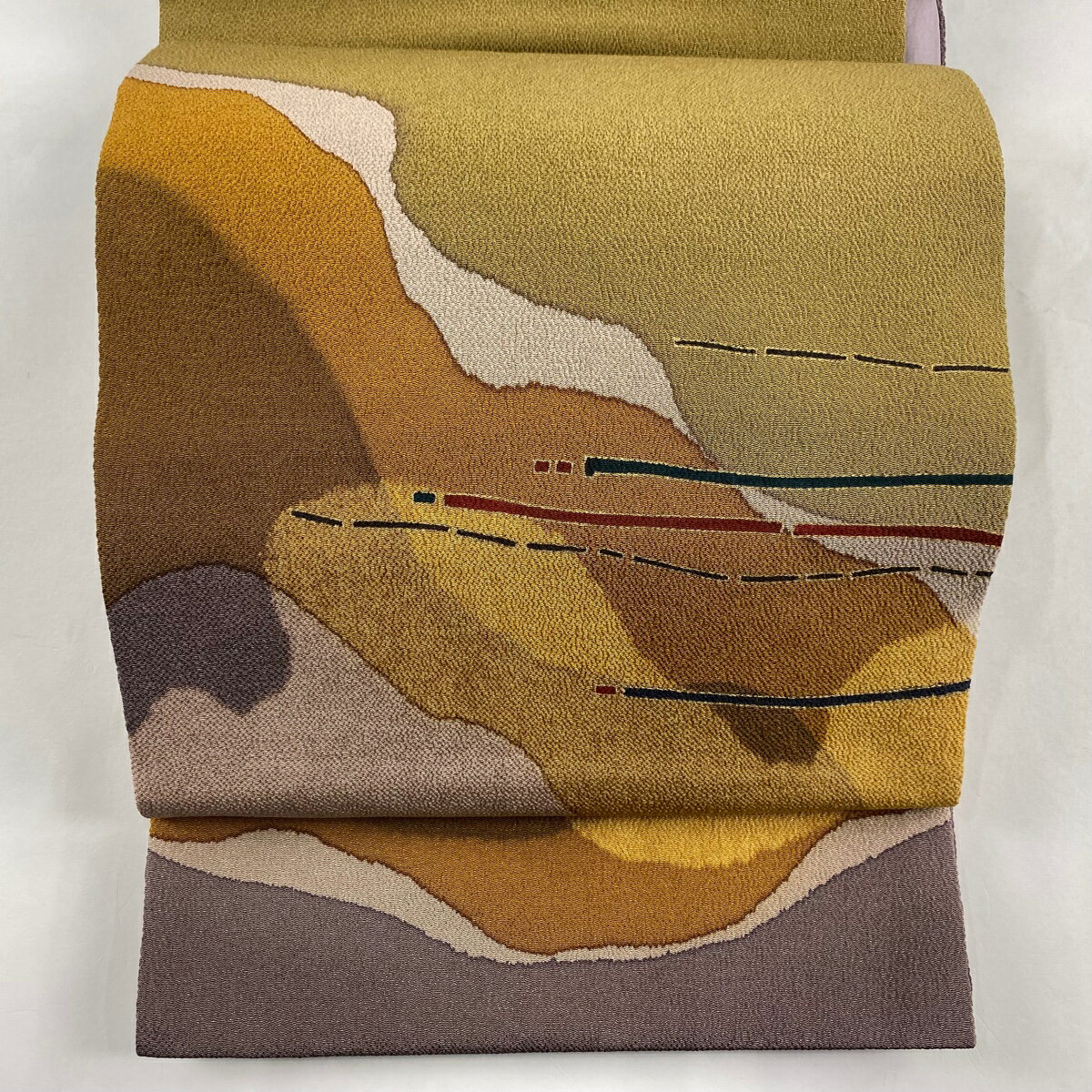 【美品】 袋名古屋帯 秀品 幾何学 縮緬 金彩 山吹色 正絹 【中古】
