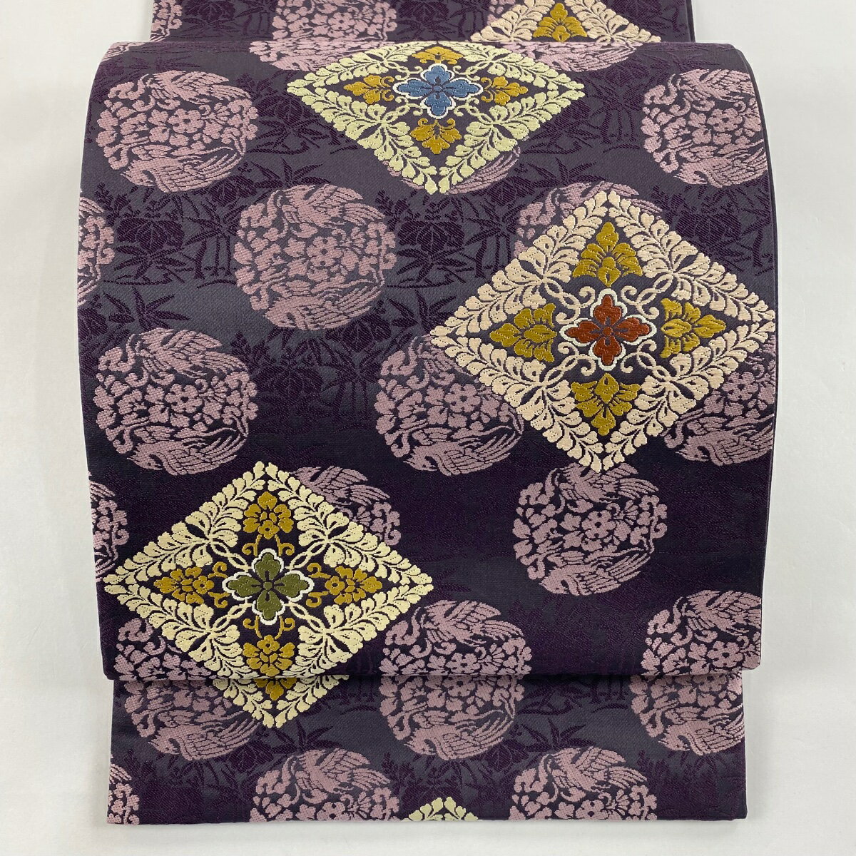 【美品】 袋帯 名品 花菱 鳥 紫 六通 正絹 【中古】