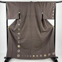 付下げ 身丈162.5cm 裄丈67cm M 袷 花唐草 丸文 金糸 金彩 茶色 正絹 秀品 【中古】