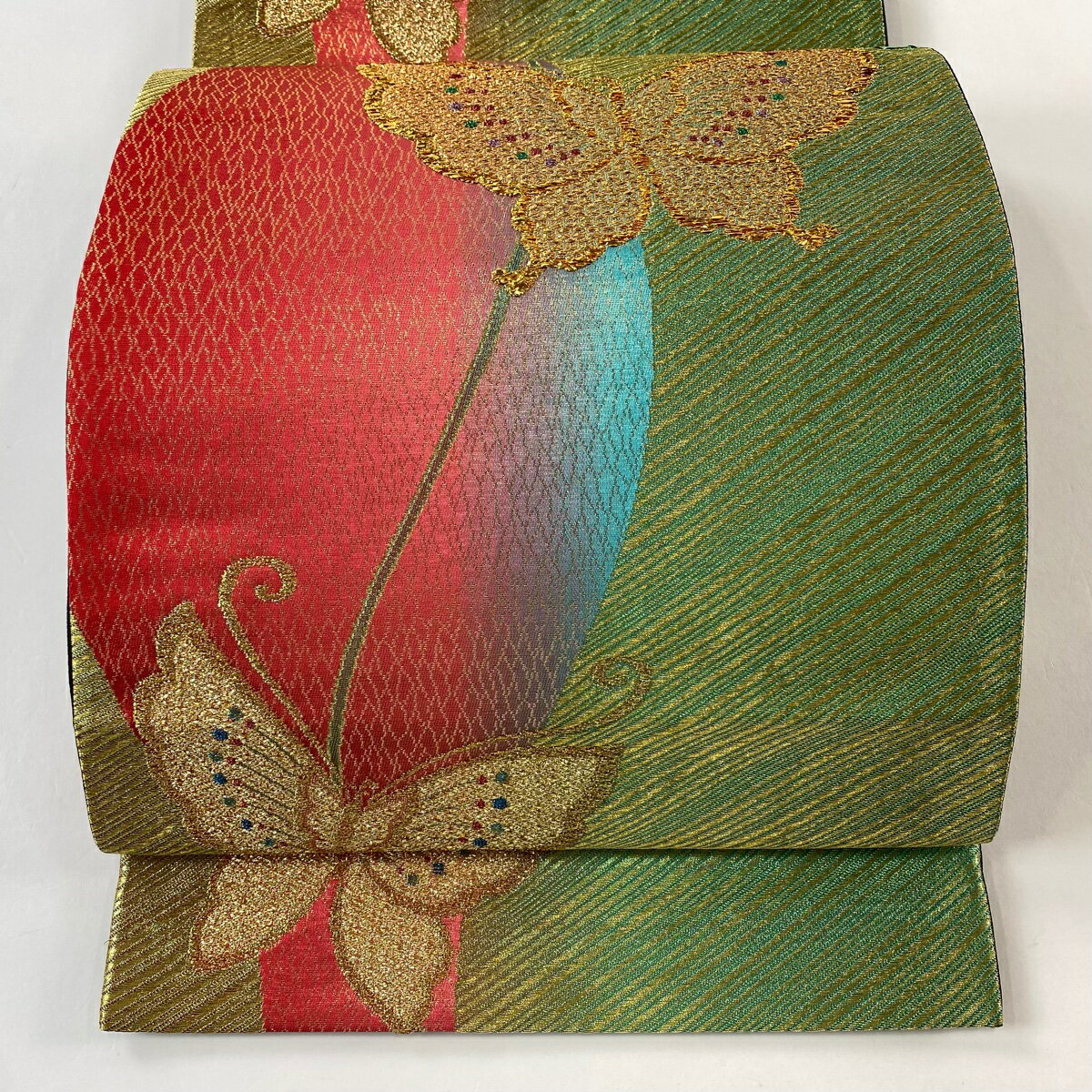 袋帯 秀品 振袖向き 蝶 斜縞 箔 金糸 薄緑 六通 正絹 【中古】 msp30