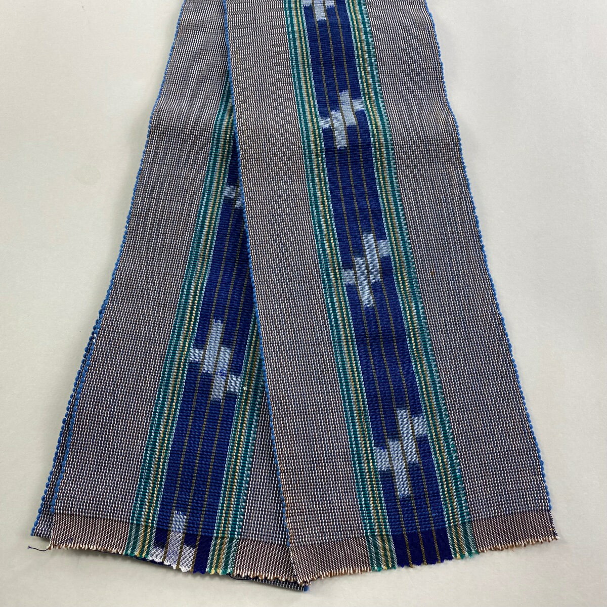 半幅帯 美品 秀品 縞 幾何学 藍色 綿 【中古】
