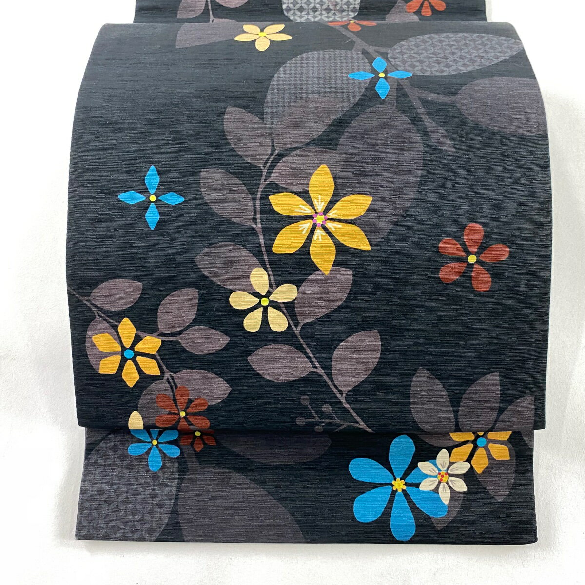 【美品】 袋名古屋帯 秀品 花 鳥 黒 正絹 【中古】