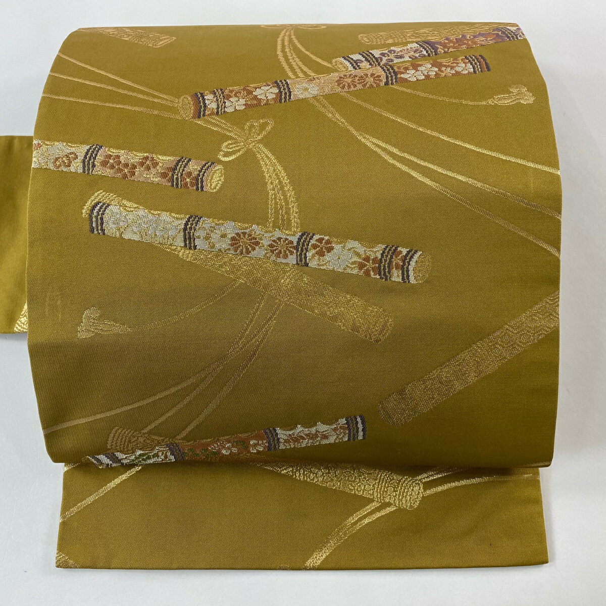 【美品】 名古屋帯 優品 矢筒 組紐 箔 黄土色 正絹 【中古】