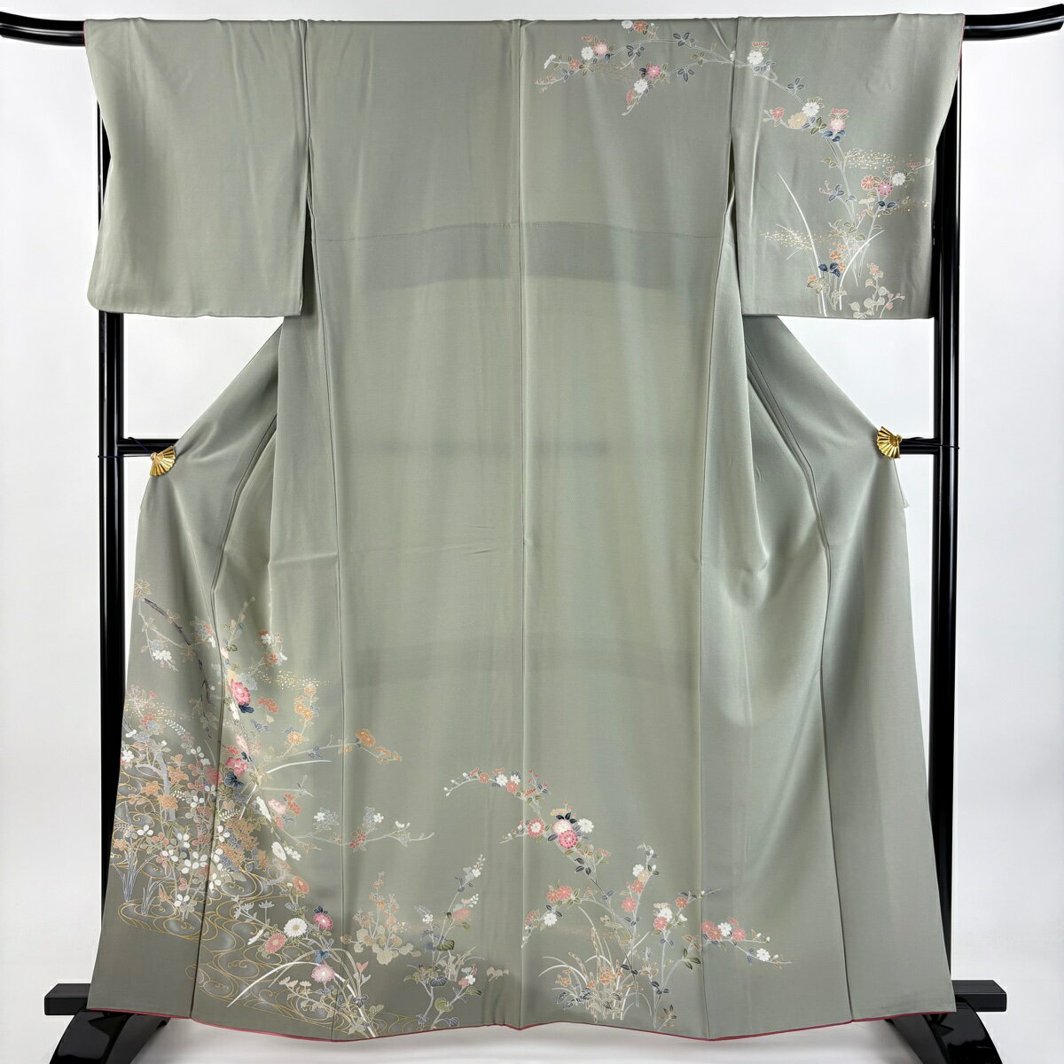 訪問着 身丈161cm 裄丈68cm L 袷 草花 流水 金銀彩 ぼかし 灰緑 正絹 秀品 【中古】(4)