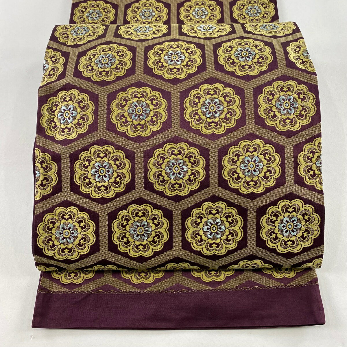 袋名古屋帯 優品 関西仕立て 亀甲 華文 唐織 銀糸 茶紫 正絹 【中古】