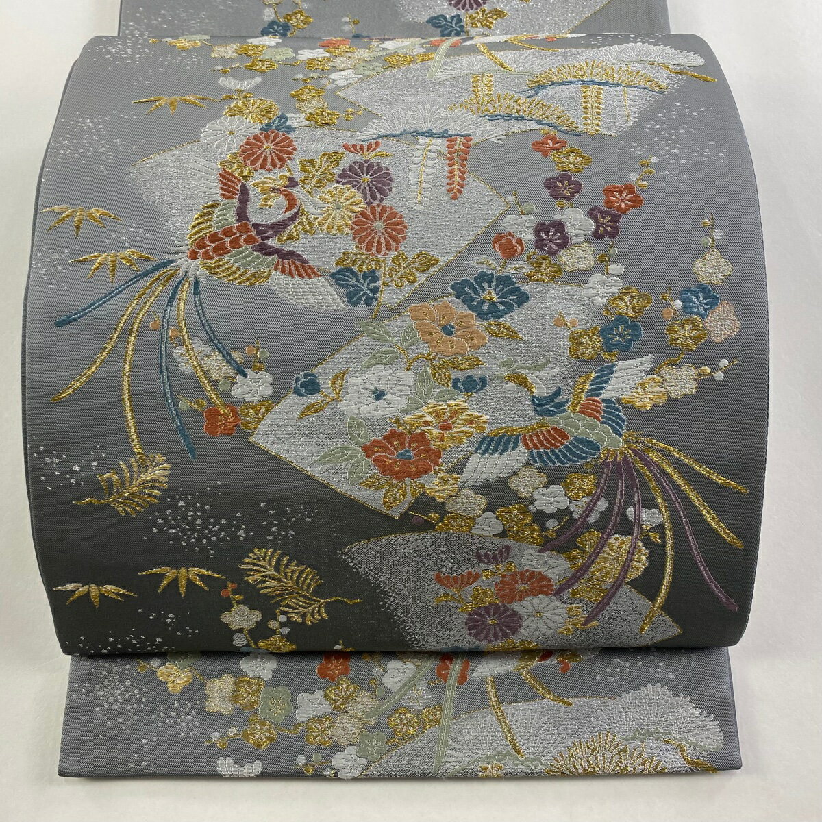 【美品】 袋帯 秀品 鳳凰 松竹梅 金糸 箔 灰色 六通 正絹 【中古】