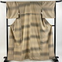 付下げ 身丈165cm 裄丈68cm L 袷 紬地 縞 幾何学模様 花織 刺繍 薄茶色 正絹 逸品 【中古】