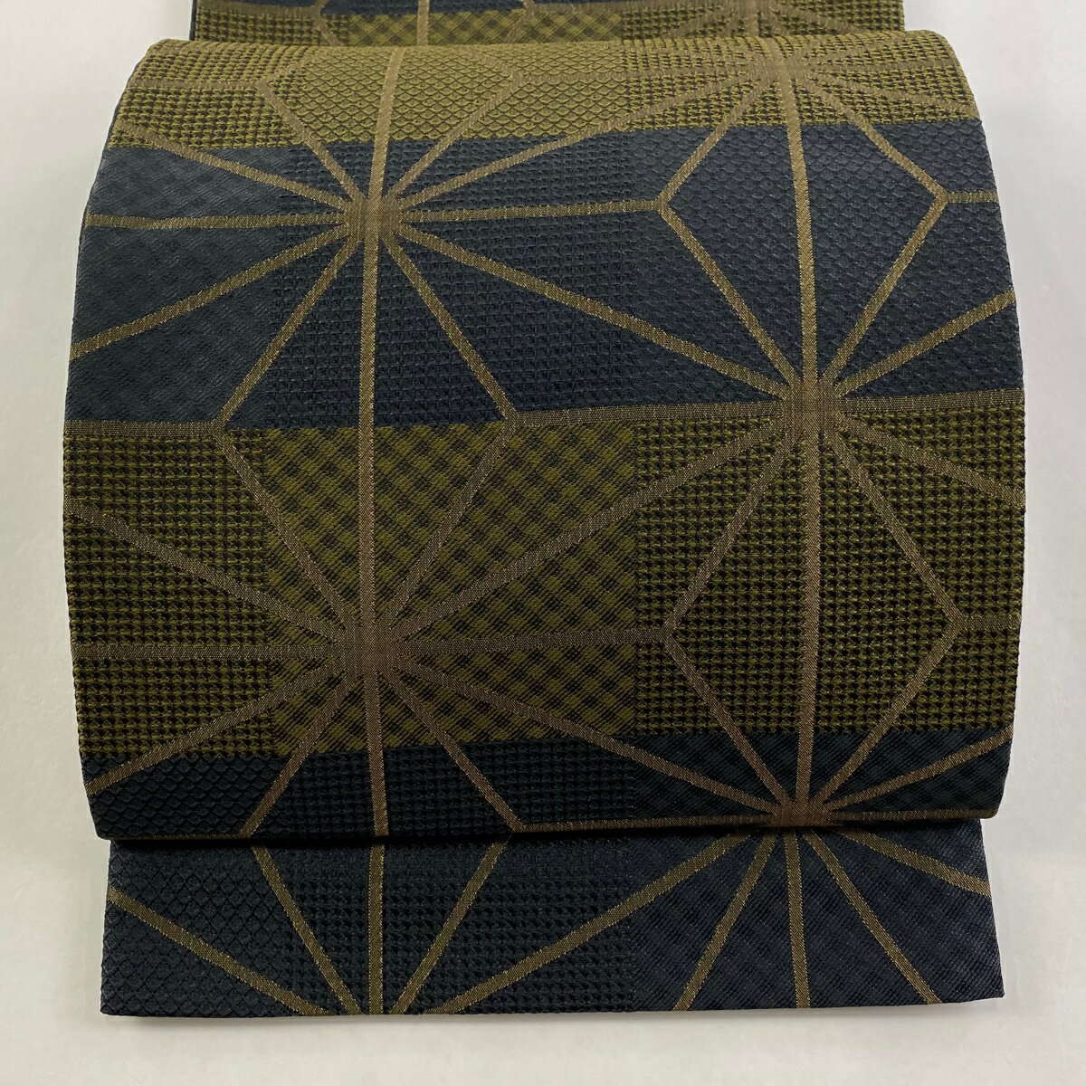 【美品】 袋名古屋帯 優品 麻の葉 格子 黒灰 化繊 【中古】