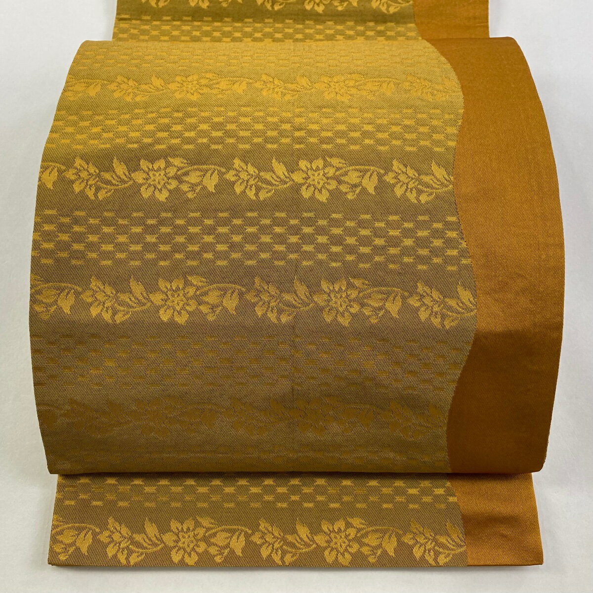 袋名古屋帯 優品 草花 よろけ縞 山吹茶色 化繊 【中古】