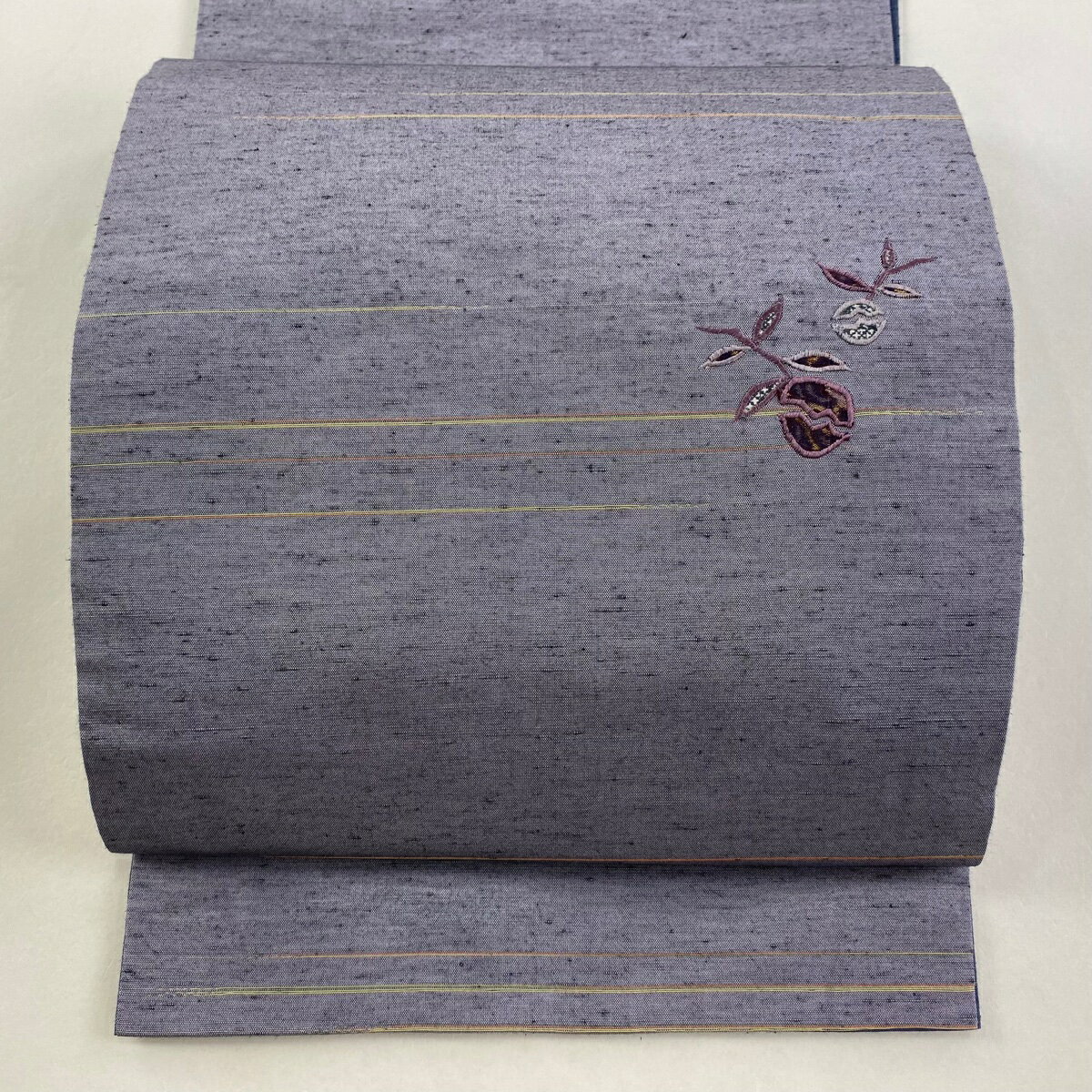 袋名古屋帯 優品 紬地 生り物 刺繍 灰紫 正絹 【中古】