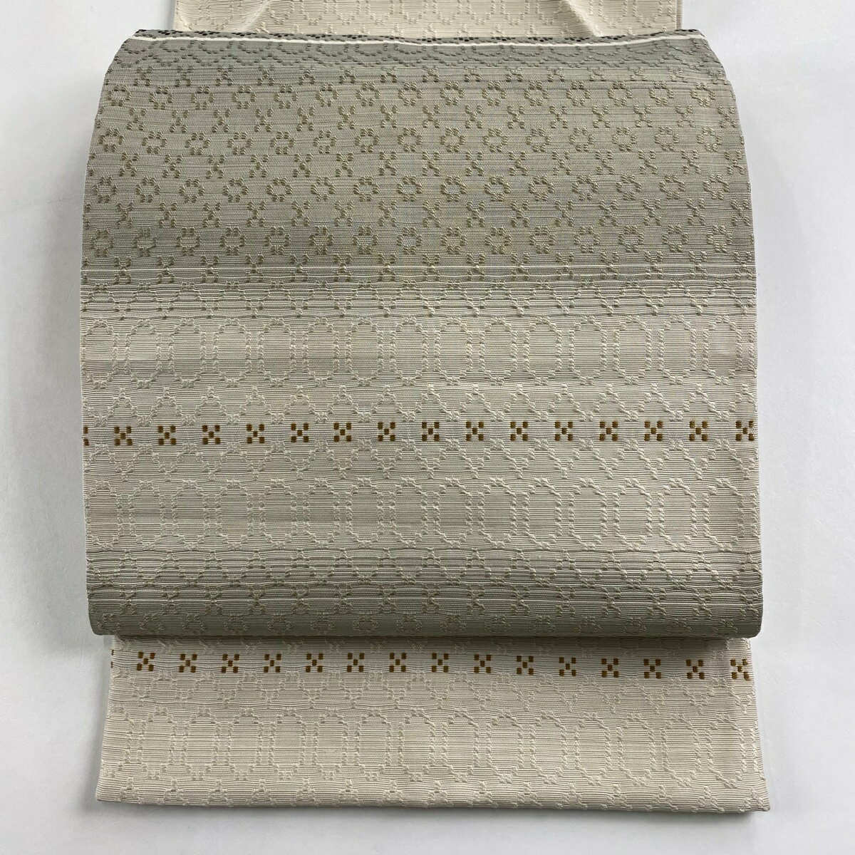袋名古屋帯 名品 幾何学模様 灰緑 正絹 【中古】