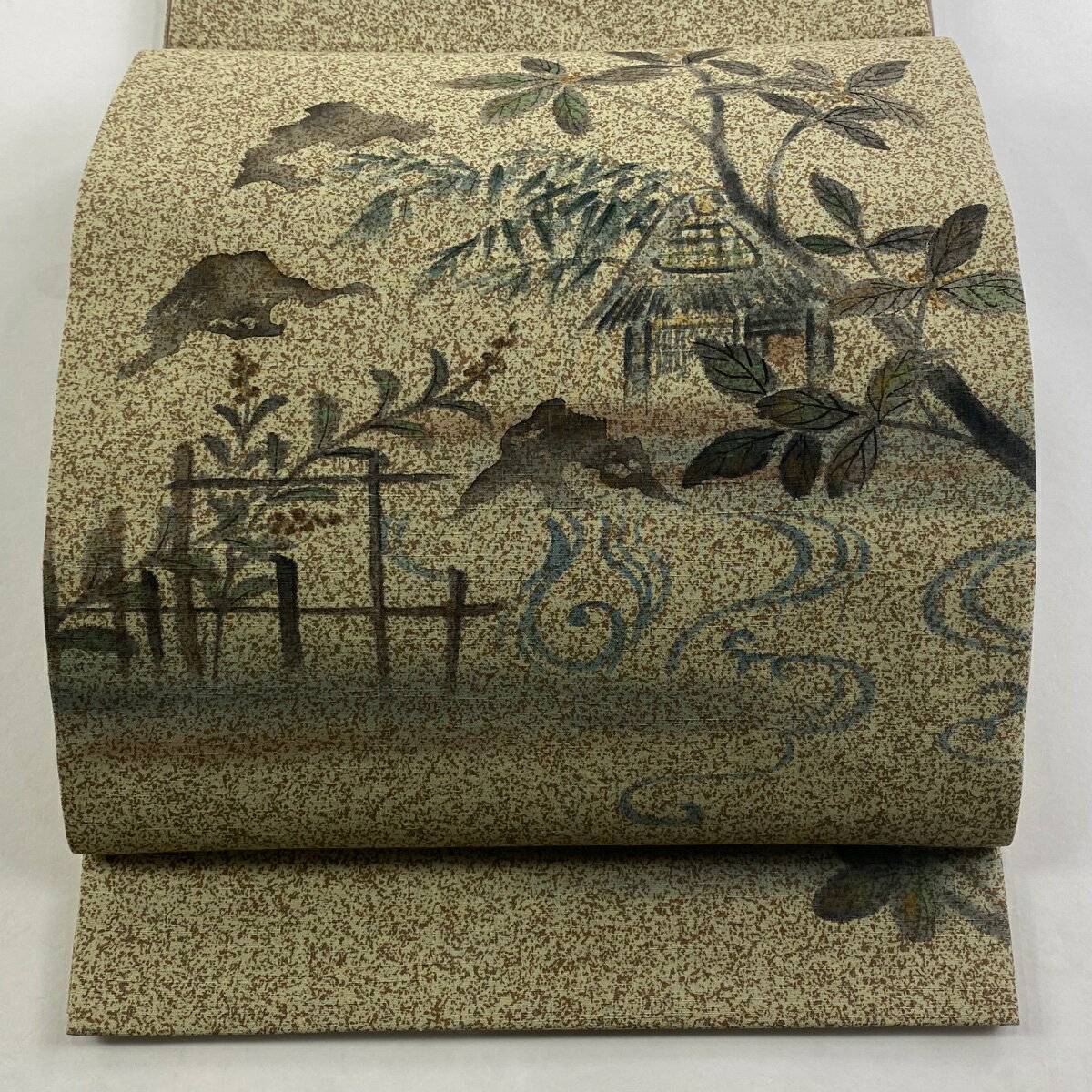 袋帯 秀品 紬地 家屋 枝花 金彩 灰緑 お太鼓柄 正絹 【中古】