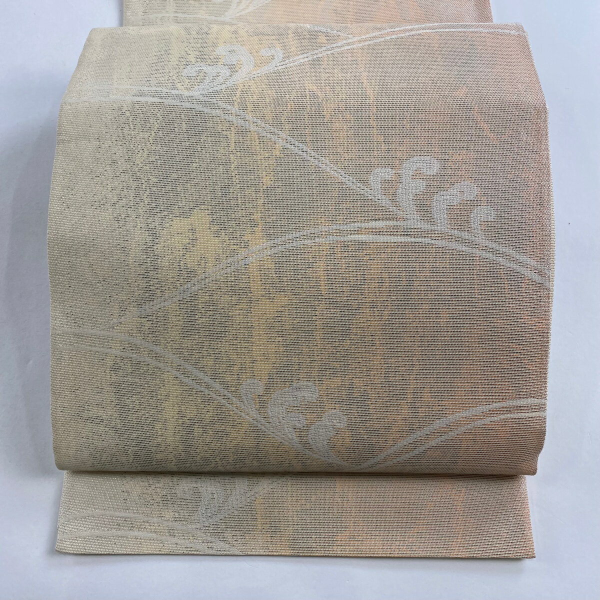 【美品】 袋名古屋帯 優品 夏帯 波頭 幾何学模様 箔 ぼかし ピンクベージュ 正絹 【中古】