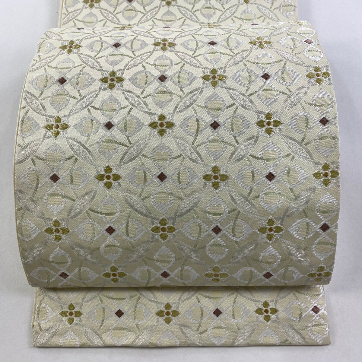 袋名古屋帯 逸品 川島織物 落款あり 七宝 花 クリーム 正絹 【中古】
