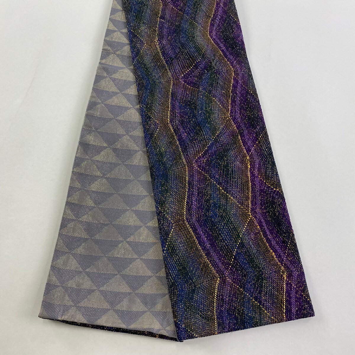 半幅帯 秀品 幾何学 金糸 深緑 正絹 【中古】