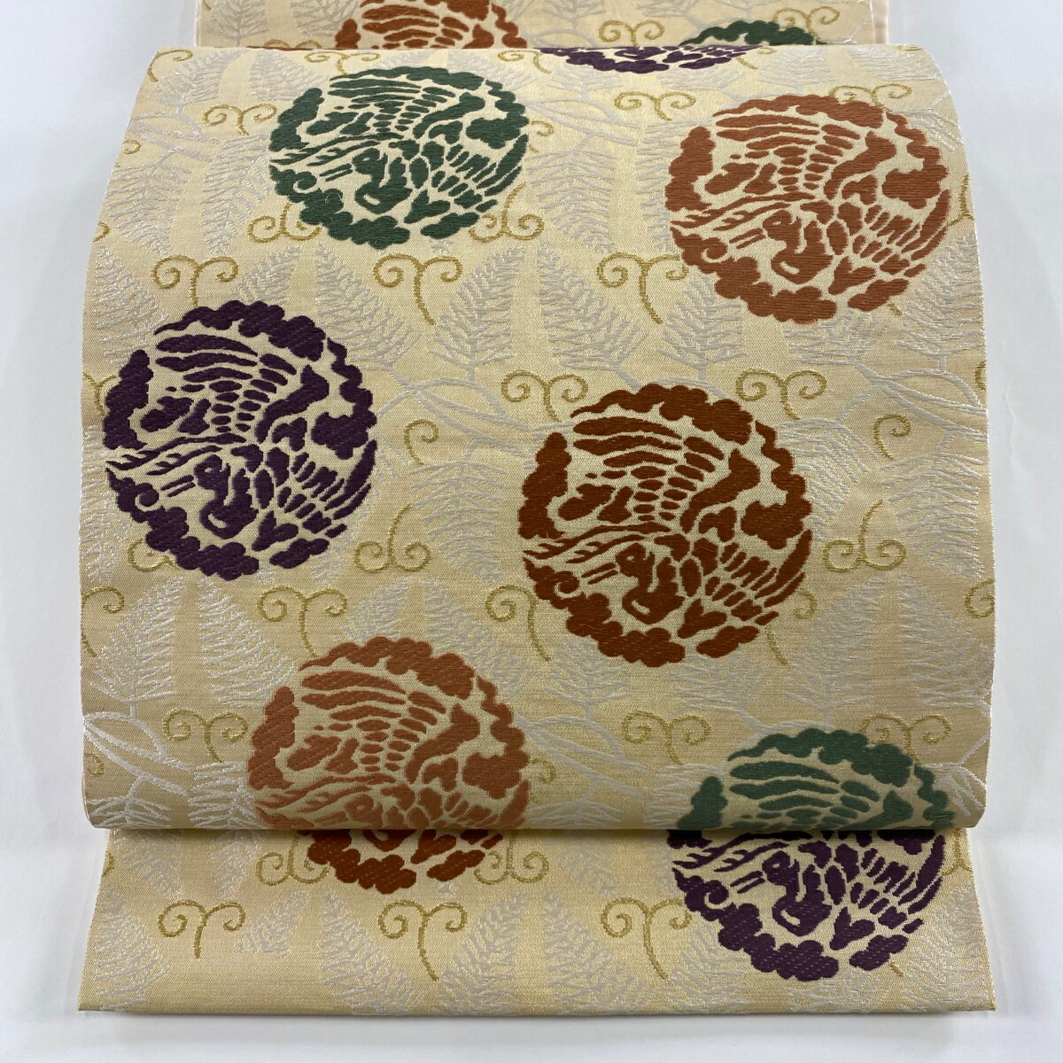 袋帯 逸品 人間国宝 喜多川平朗 鶴 若松 唐織 金糸 薄黄 六通 正絹 【中古】