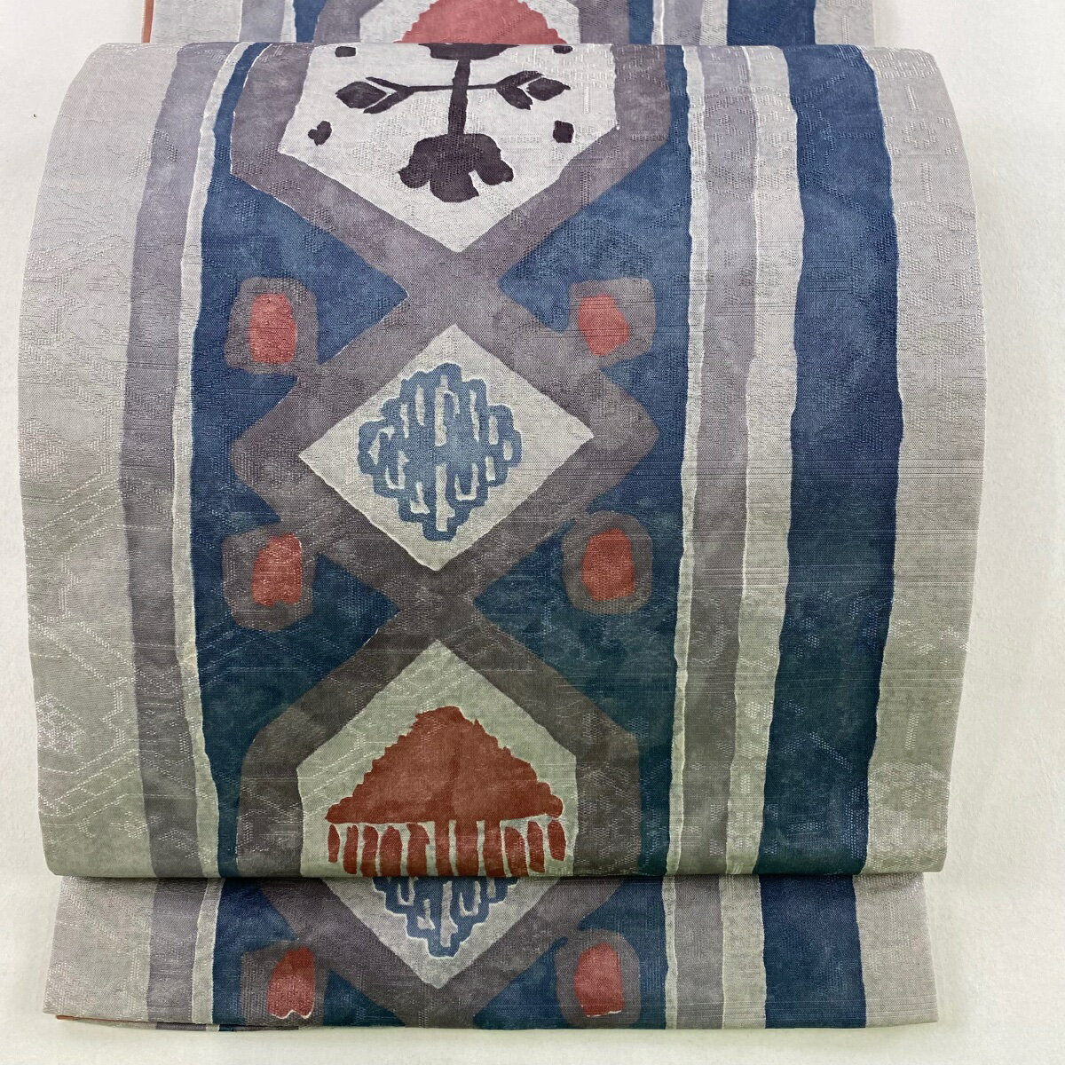 袋名古屋帯 秀品 亀甲 幾何学 青灰色 正絹 【中古】