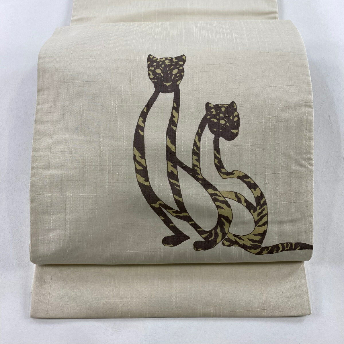 袋名古屋帯 秀品 紬地 ヒョウ クリーム 正絹 【中古】