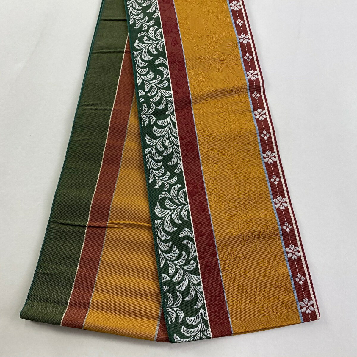 半幅帯 秀品 本場博多織 証紙有 葉柄 花 黄土色 正絹 【中古】