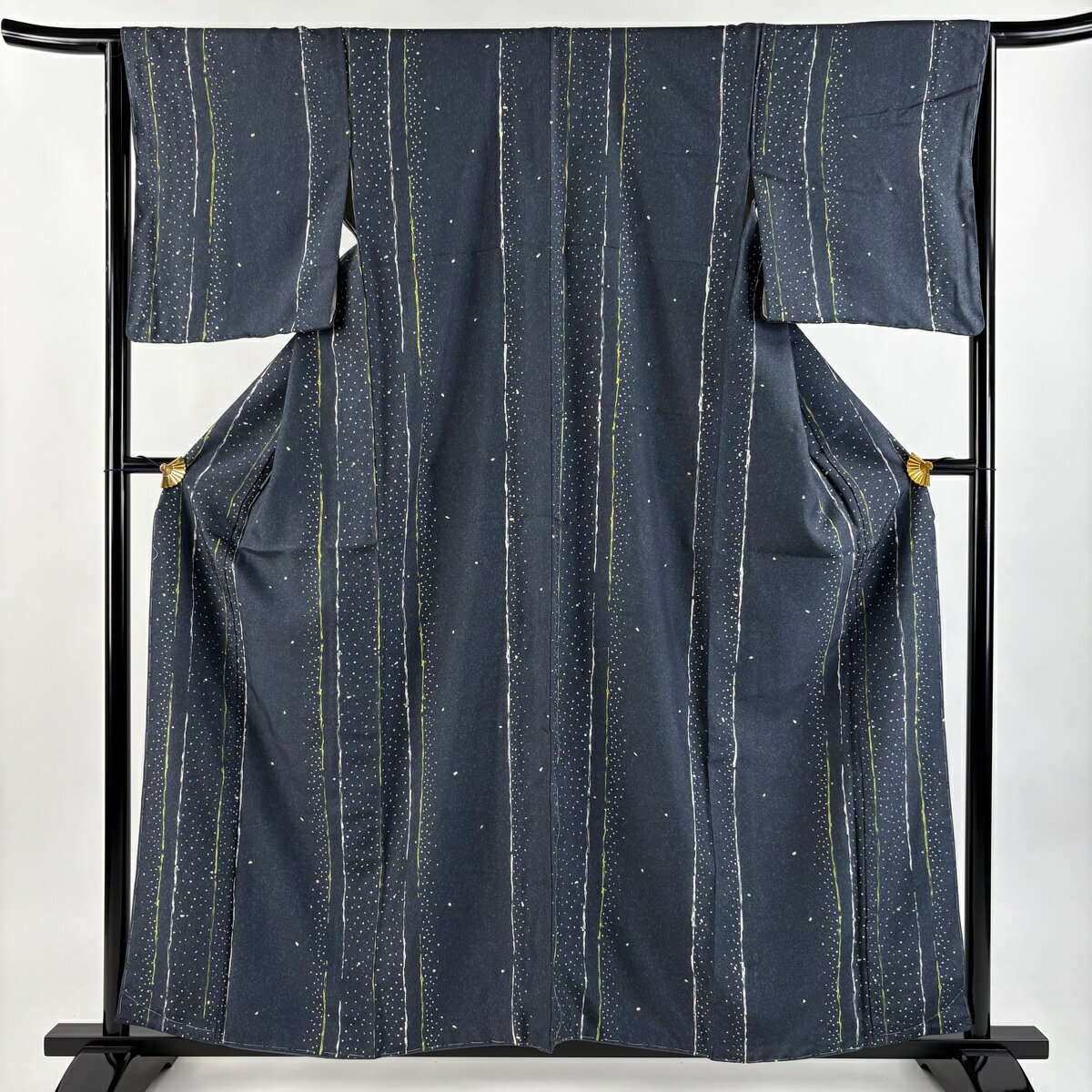 小紋 身丈160cm 裄丈64.5cm M 袷 紬地 縦縞 幾何学模様 灰色 正絹 秀品 【中古】