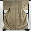 付下げ 身丈159cm 裄丈66cm M 袷 落款あり 市松 更紗 金彩 薄茶色 正絹 秀品 【中古】