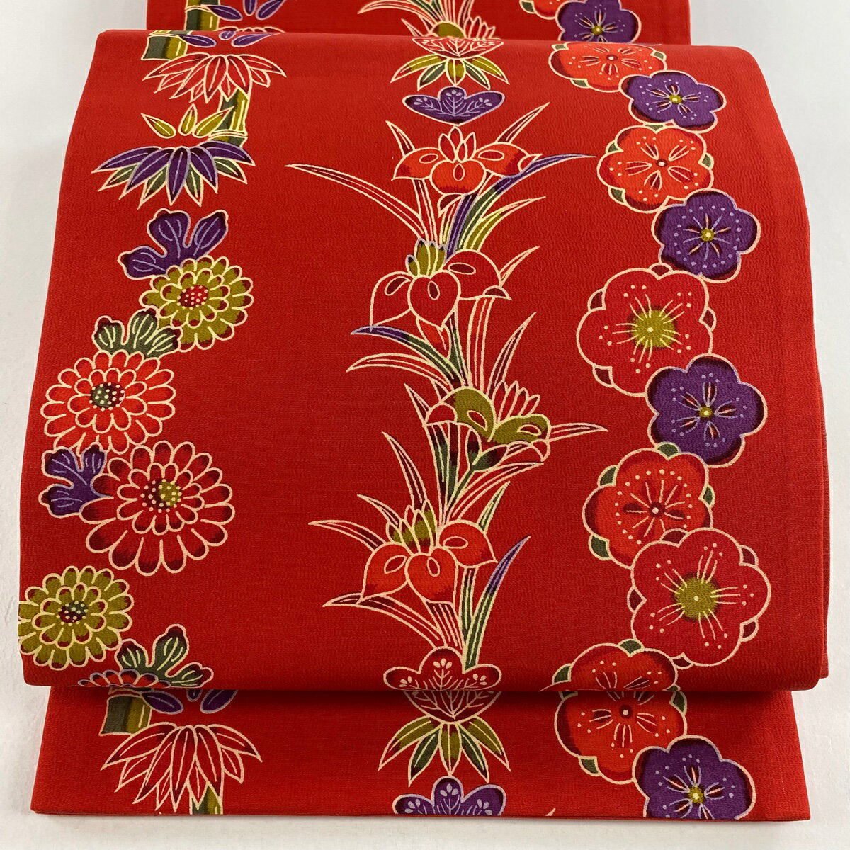 【美品】 袋名古屋帯 名品 松竹梅 菖蒲 赤 正絹 【中古】