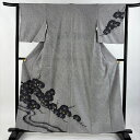 【美品】 付下げ 身丈159cm 裄丈63cm S 袷 松 流水 金糸 総絞り 灰色 正絹 名品 【中古】