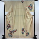 付下げ 身丈167.5cm 裄丈67.5cm L 袷 鶴見保次 加賀友禅 落款あり 秋草 クリーム 正絹 名品 一つ紋 【中古】