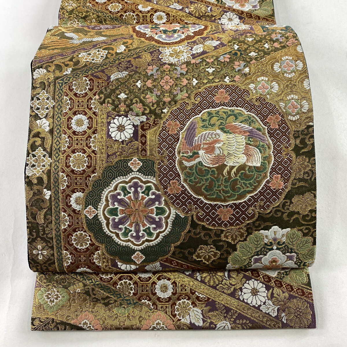 【美品】 袋帯 名品 じゅらく 落款あり 華文 花鳥 唐織 金糸 金色 六通 正絹 【中古】