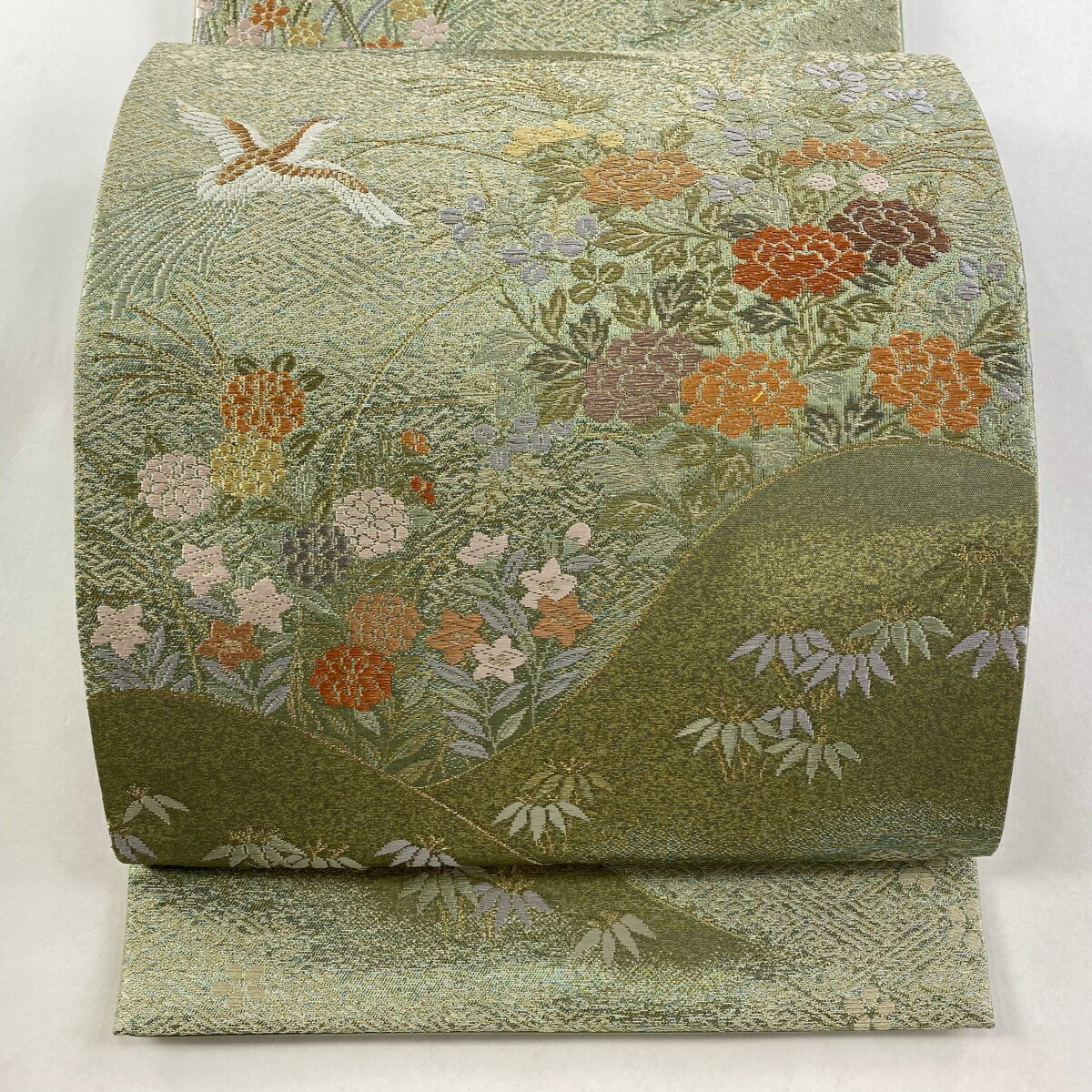 【美品】 袋帯 秀品 鳥 草花 箔 金糸 よもぎ色 六通 正絹 【中古】