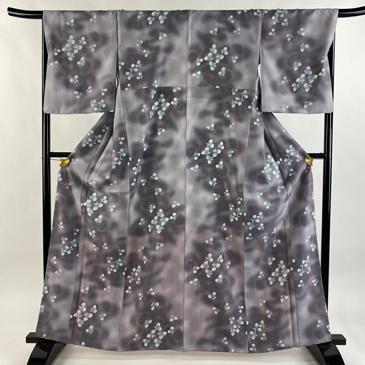 【美品】小紋 身丈163cm 裄丈67.5cm L 袷 蝶 ぼかし 灰紫 化繊 秀品 【中古】(4)