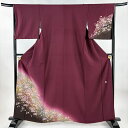 【美品】 付下げ 身丈161cm 裄丈66cm M 袷 翠山工房 やまと 落款あり 草花 金彩 絞り 赤紫 正絹 名品 【中古】