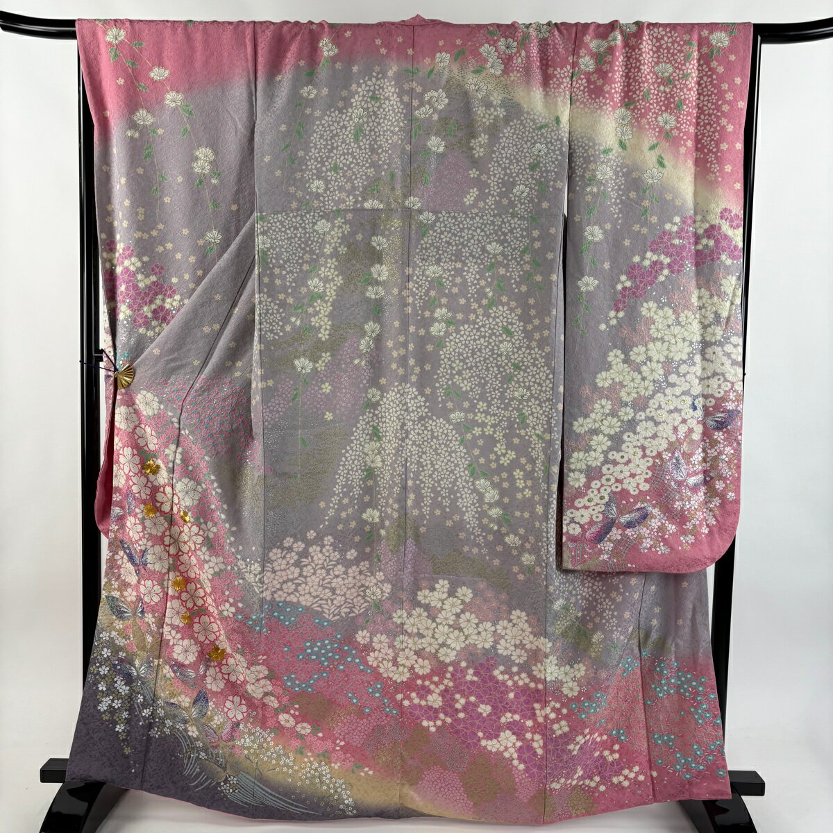 振袖 身丈164cm 裄丈69cm L 袷 桜 蝶 銀通し 金糸 薄紫 正絹 秀品 【中古】 msp50