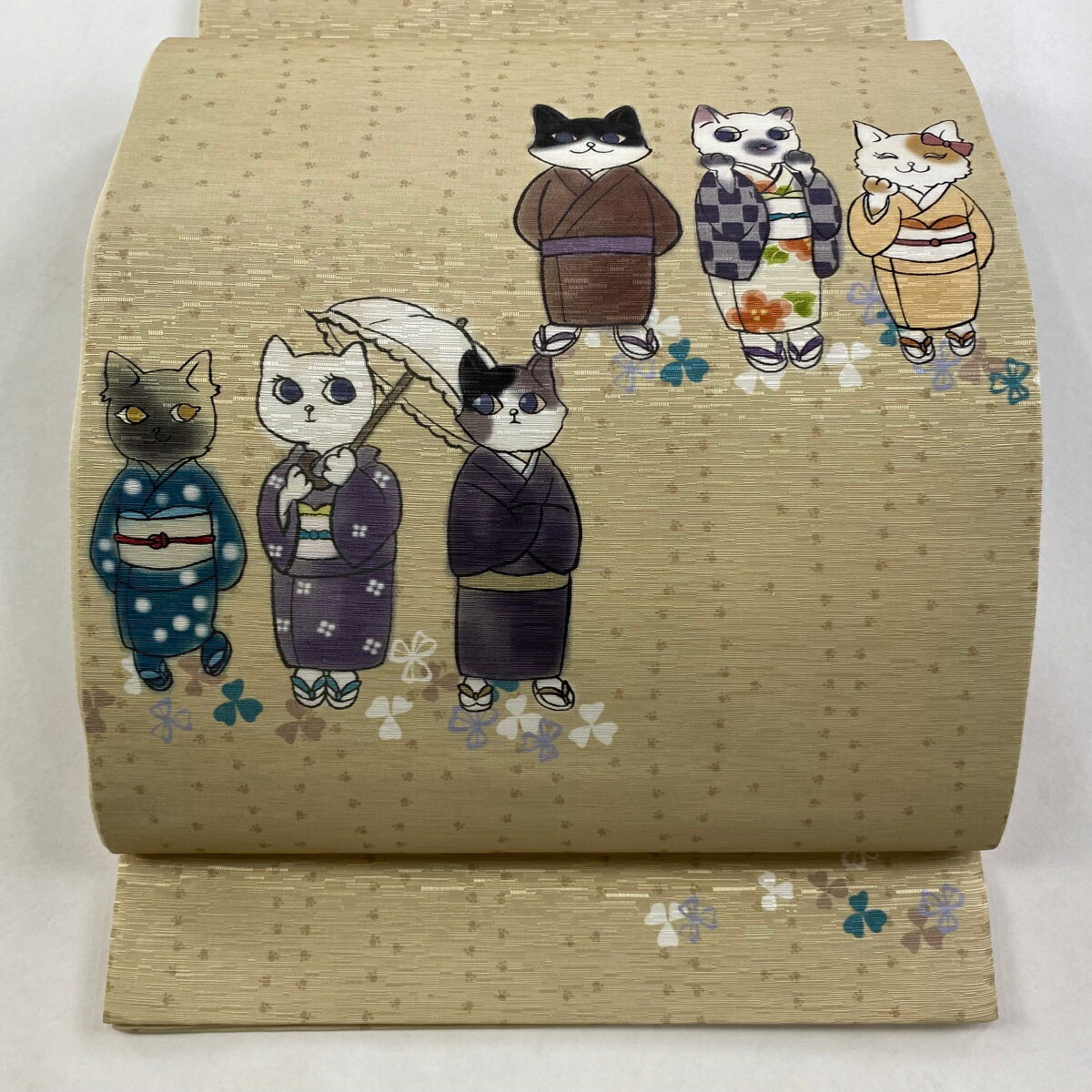【美品】 袋名古屋帯 逸品 猫 立涌 ぼかし ベージュ 正絹 【中古】