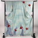 付下げ 身丈170cm 裄丈65.5cm M 袷 枝花 流水 ぼかし 水色 正絹 優品 【中古】