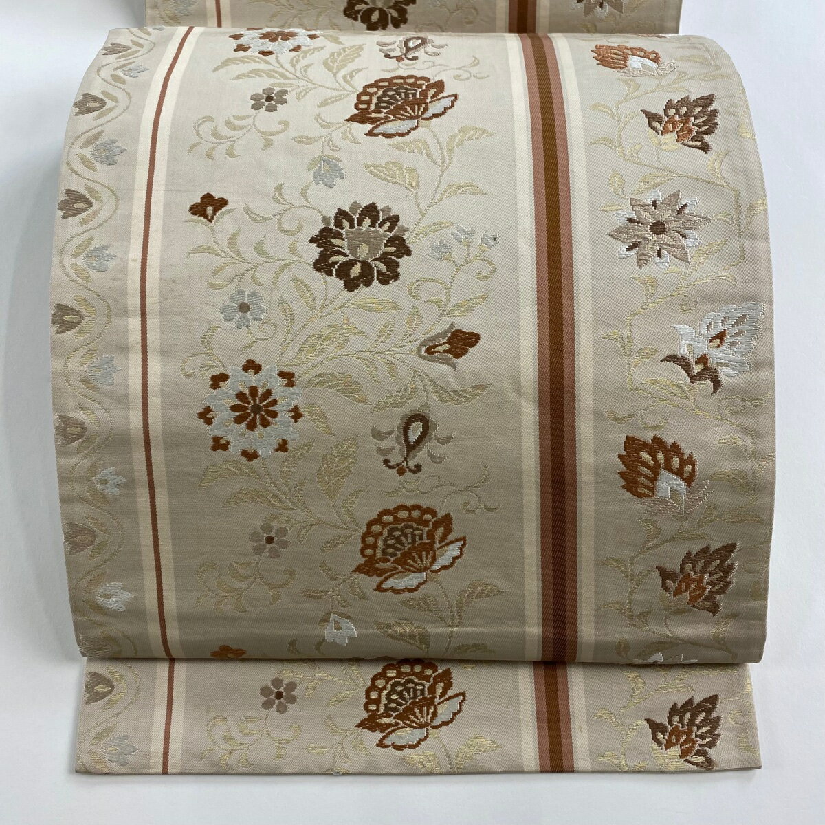 袋名古屋帯 優品 比翼仕立て 草花 縞 箔 薄小豆 正絹 【中古】