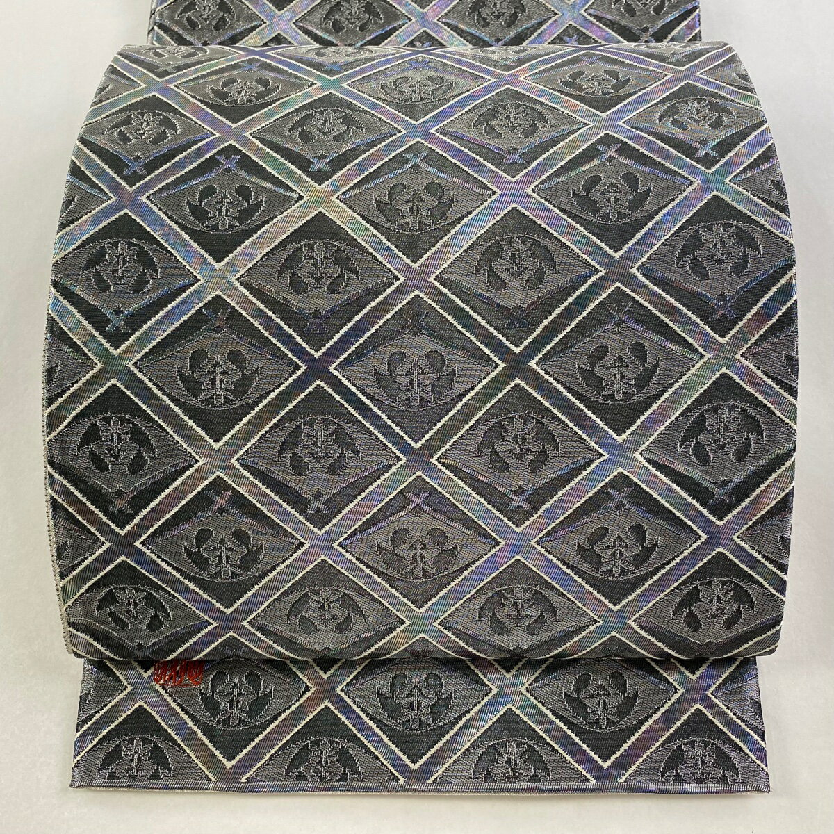 【美品】 袋帯 逸品 藤林徳扇 落款あり 関西仕立て 斜め格子 扇 銀糸 箔 黒灰 全通 正絹 【中古】 msp50(4)