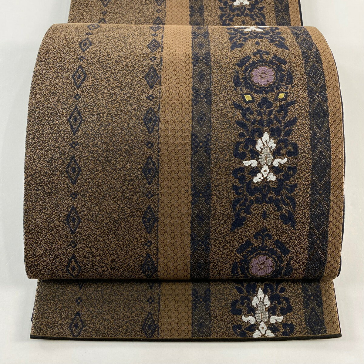 【美品】 袋帯 名品 草花 菱 金銀糸 茶色 六通 正絹 【中古】