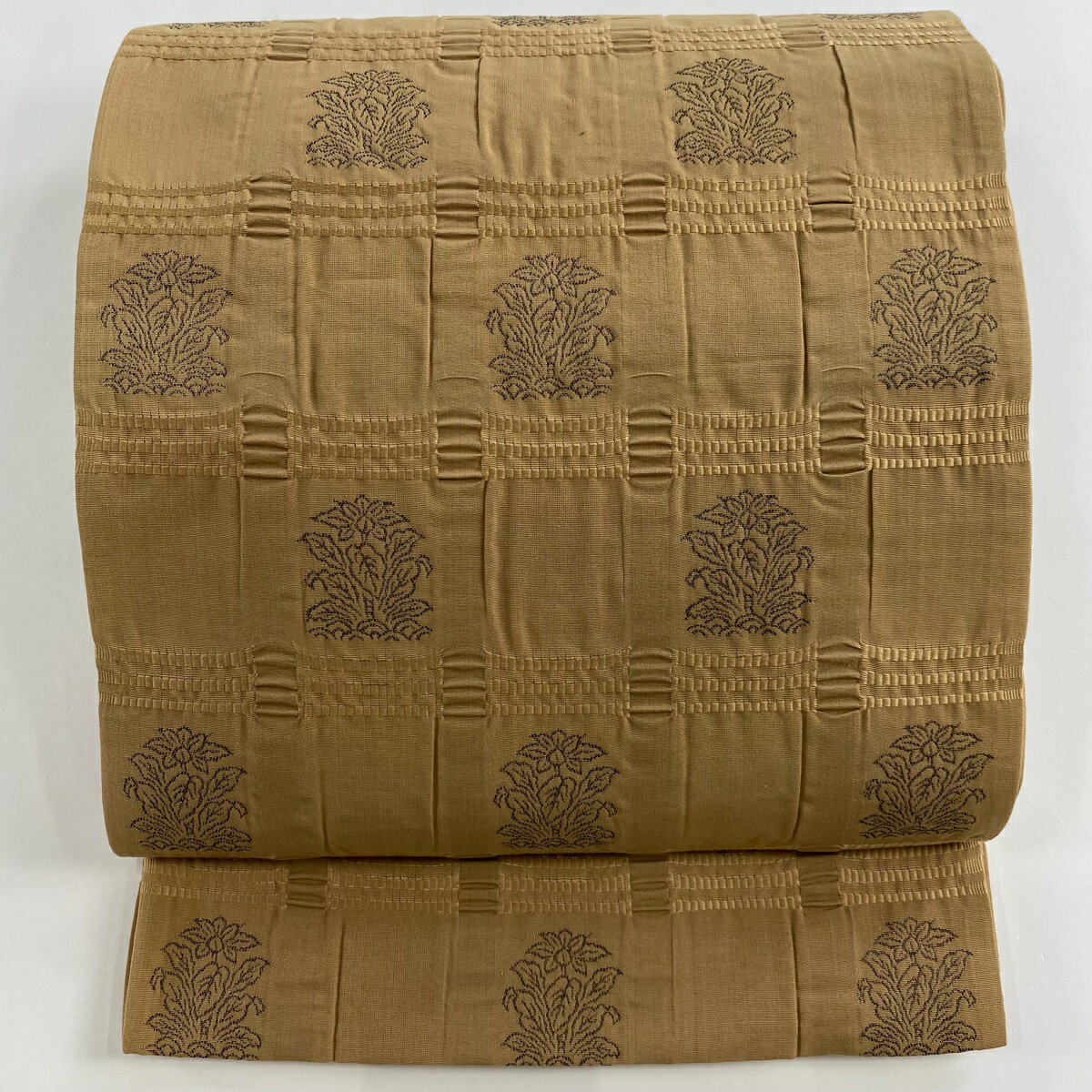 【美品】 袋名古屋帯 秀品 紬地 草花 格子 薄茶色 正絹 【中古】