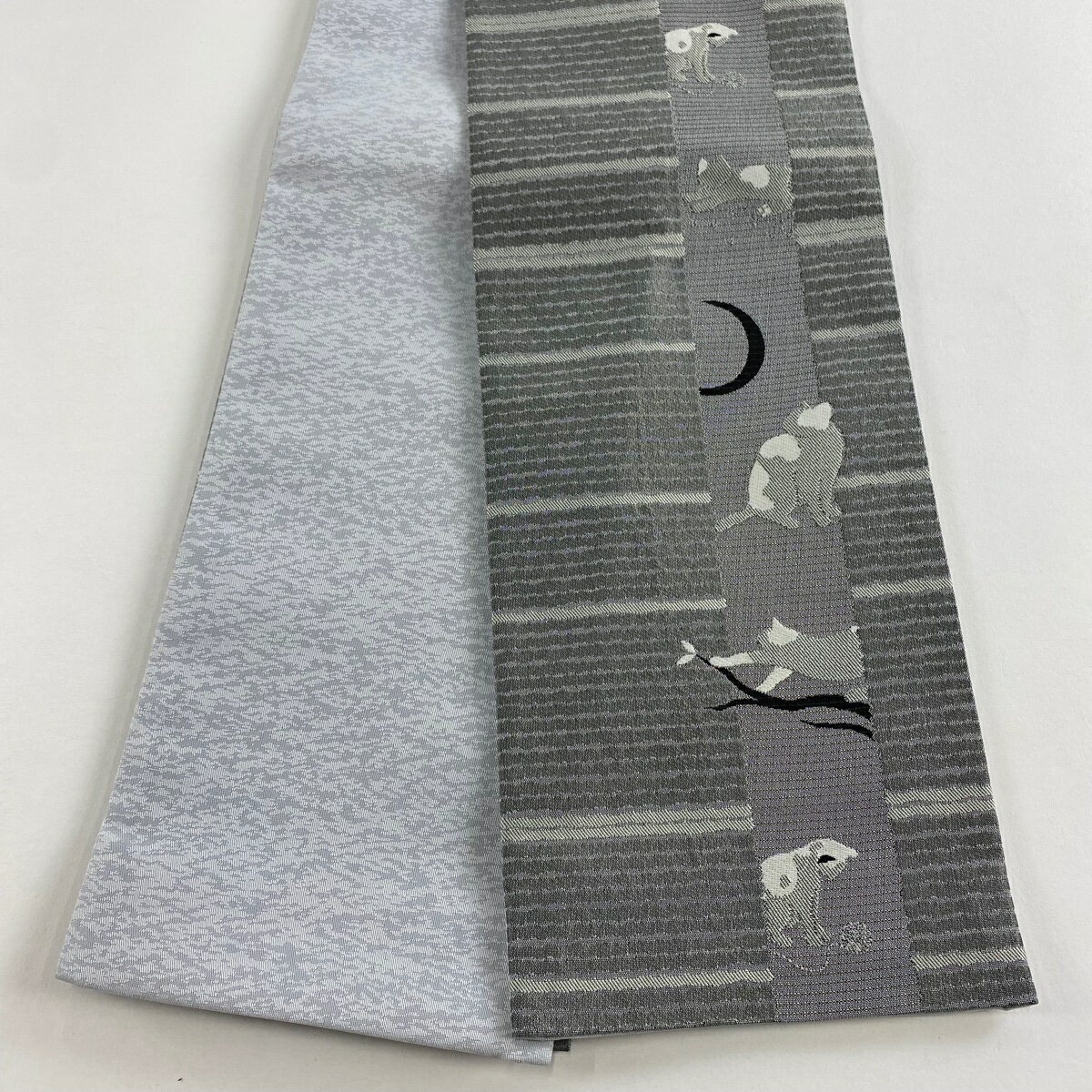 【美品】半幅帯 優品 段縞 黒灰 化繊 【中古】