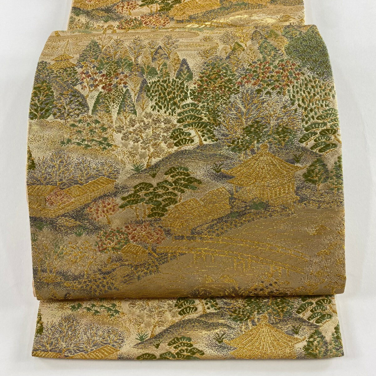 【美品】 袋帯 秀品 風景 建物 箔 金糸 ベージュ 六通 正絹 【中古】 msp50