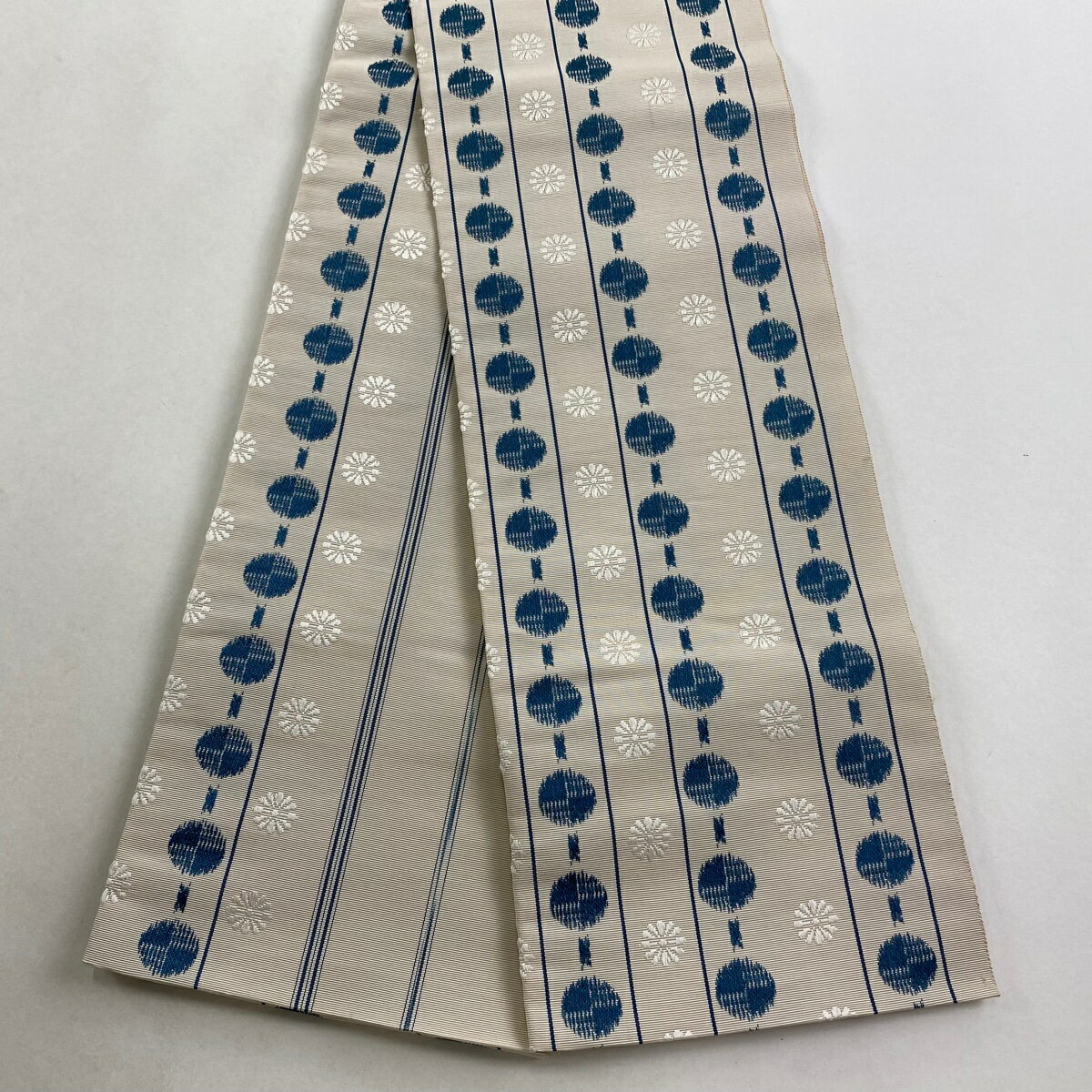 半幅帯 秀品 博多織 証紙 縞 丸文 ベージュ 正絹 【中古】