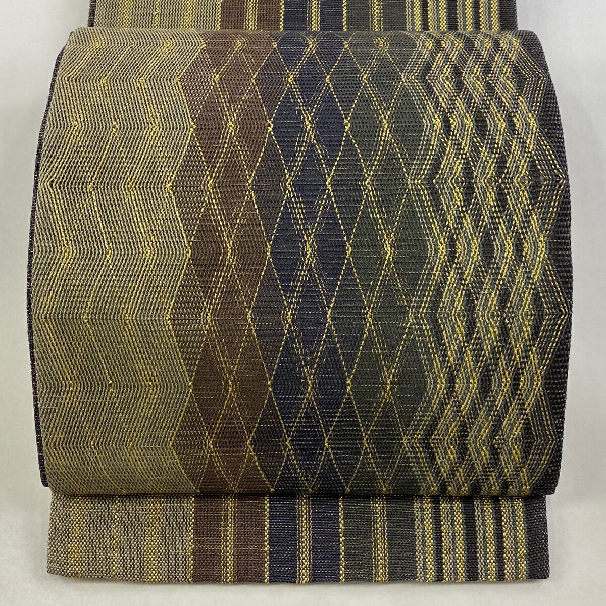 【美品】 袋帯 名品 縞 菱 金糸 紺色 お太鼓柄 正絹 【中古】(4)
