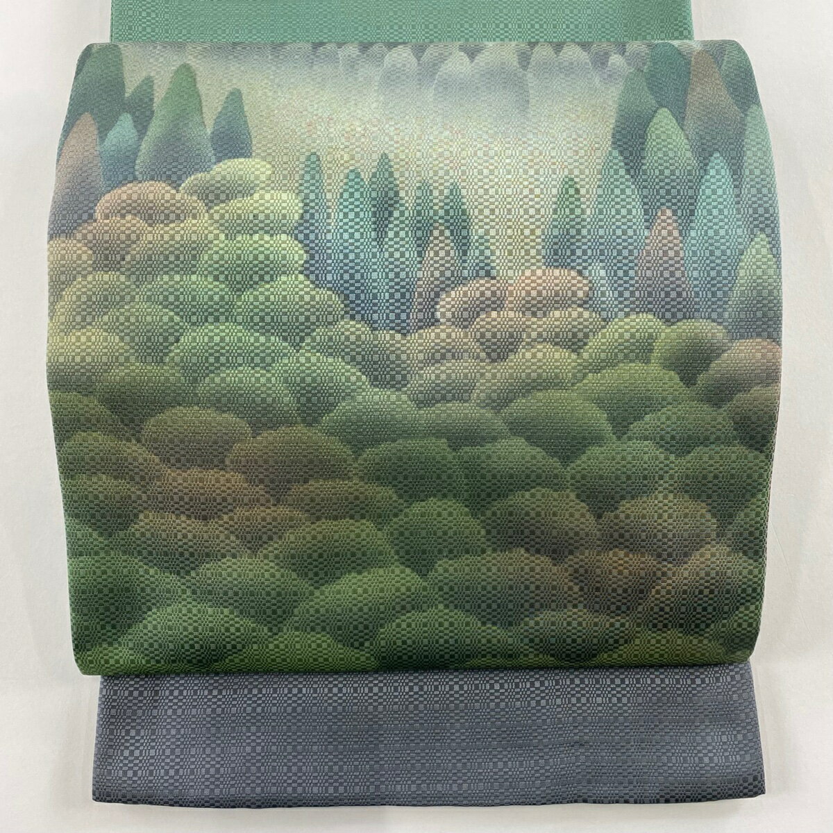 【美品】 袋帯 秀品 樹木 灰緑 お太鼓柄 正絹 【中古】