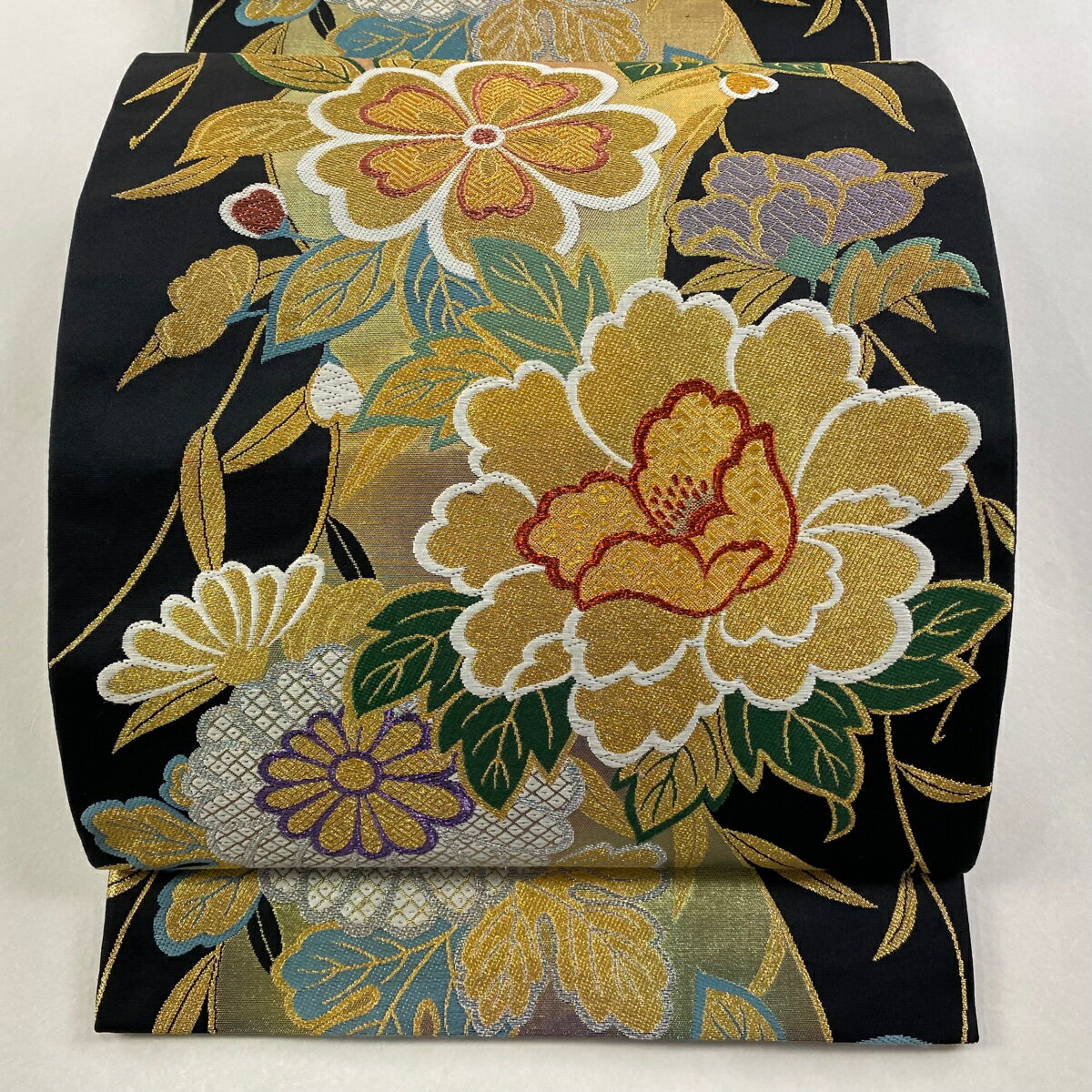 袋帯 秀品 牡丹 桜 金銀糸 箔 黒 全通 正絹 【中古】